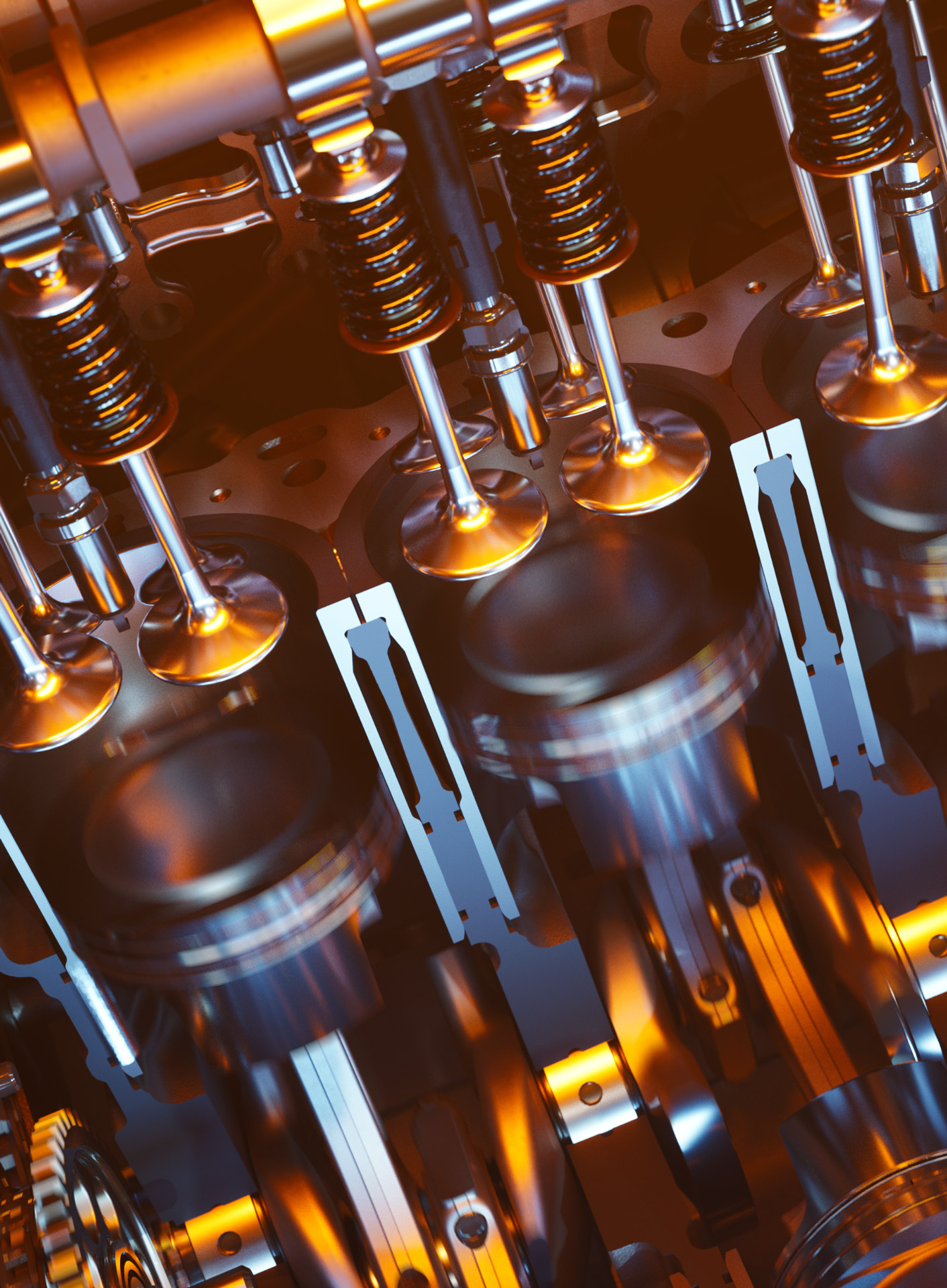 A close-up digital rendering of a McLaren's V8 engine cylinder head, showing the intricate pistons, valves, and camshaft components glowing with a warm orange light.