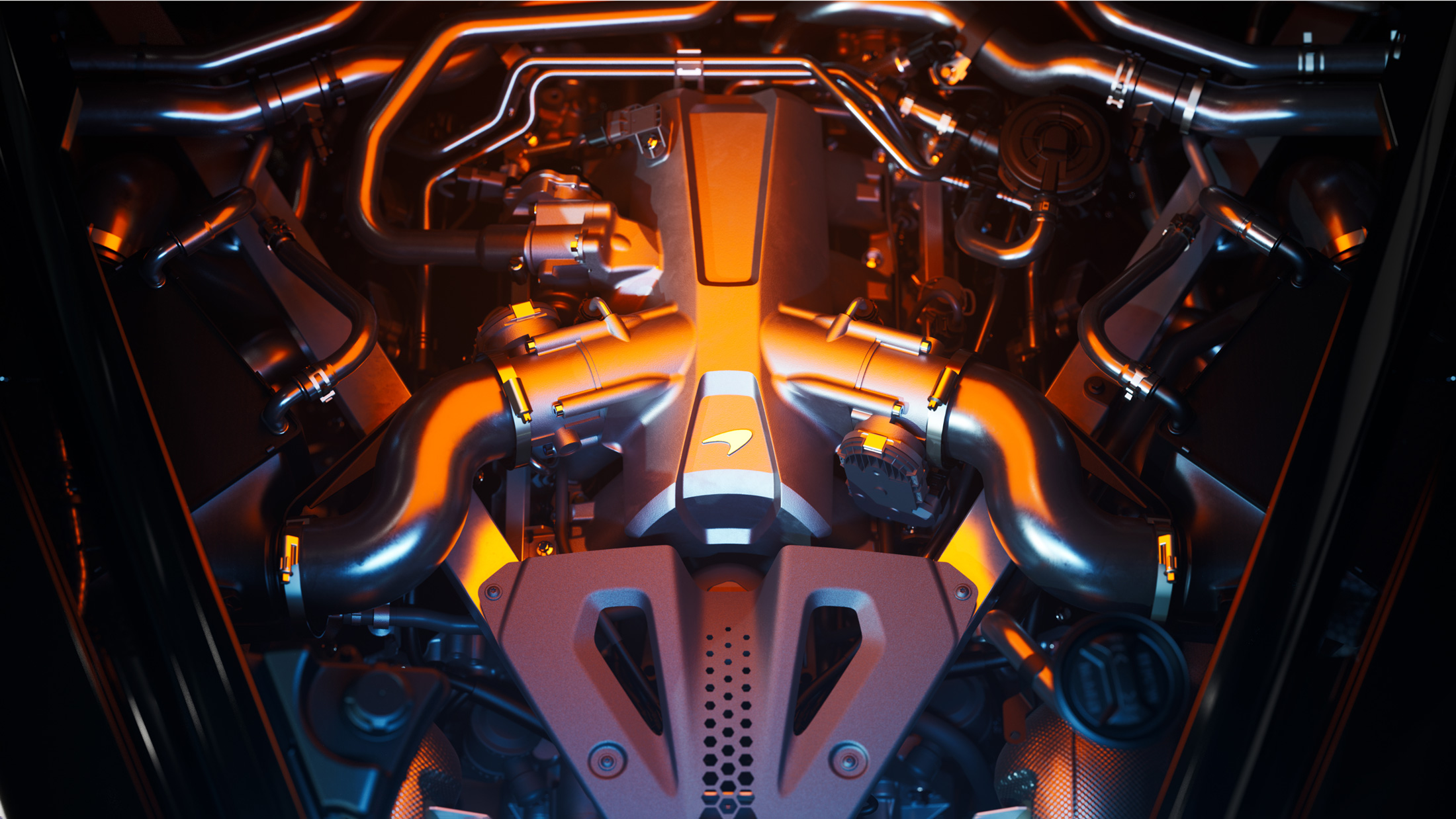 An up-close view of a McLaren's V8 engine, with glowing orange intake runners, showcasing the powerful and intricate engineering.