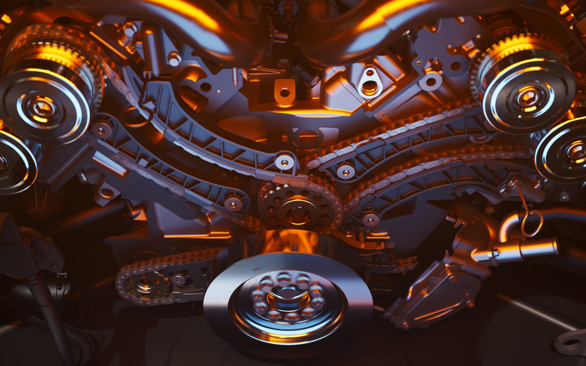 A detailed digital rendering of a McLaren's V8 engine, showcasing the complex timing chains, gears, and pulleys, with a vibrant orange glow highlighting the intricate mechanical parts.