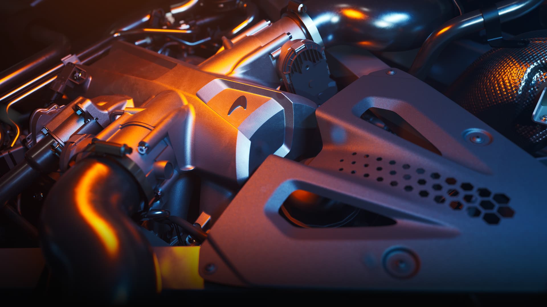 A close-up, stylized view of a McLaren's V8 engine, highlighting the intricate metal and carbon fiber components with a vibrant orange and blue glow from internal lighting.