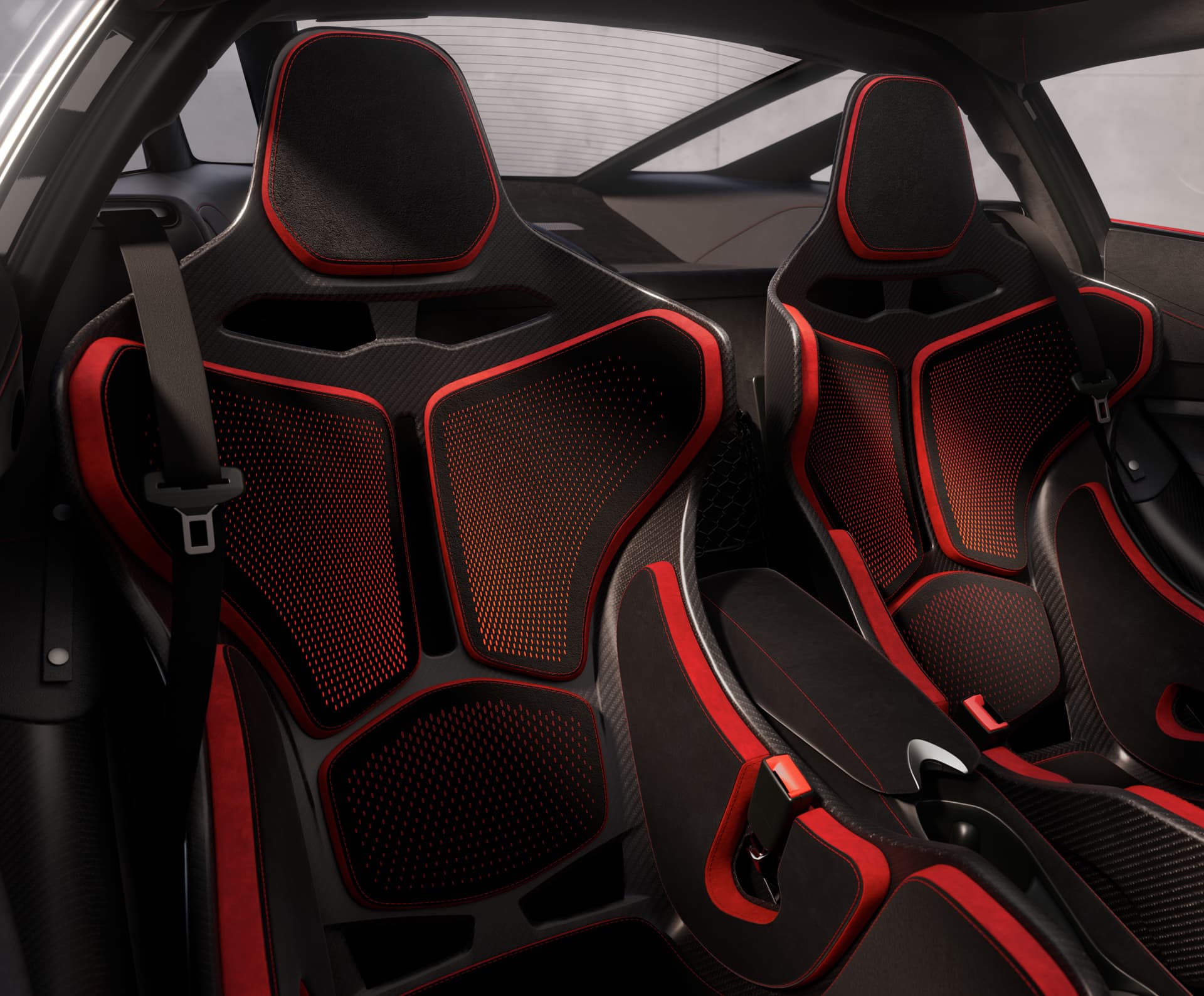 McLaren 750S Spider interior with red seat detailing.