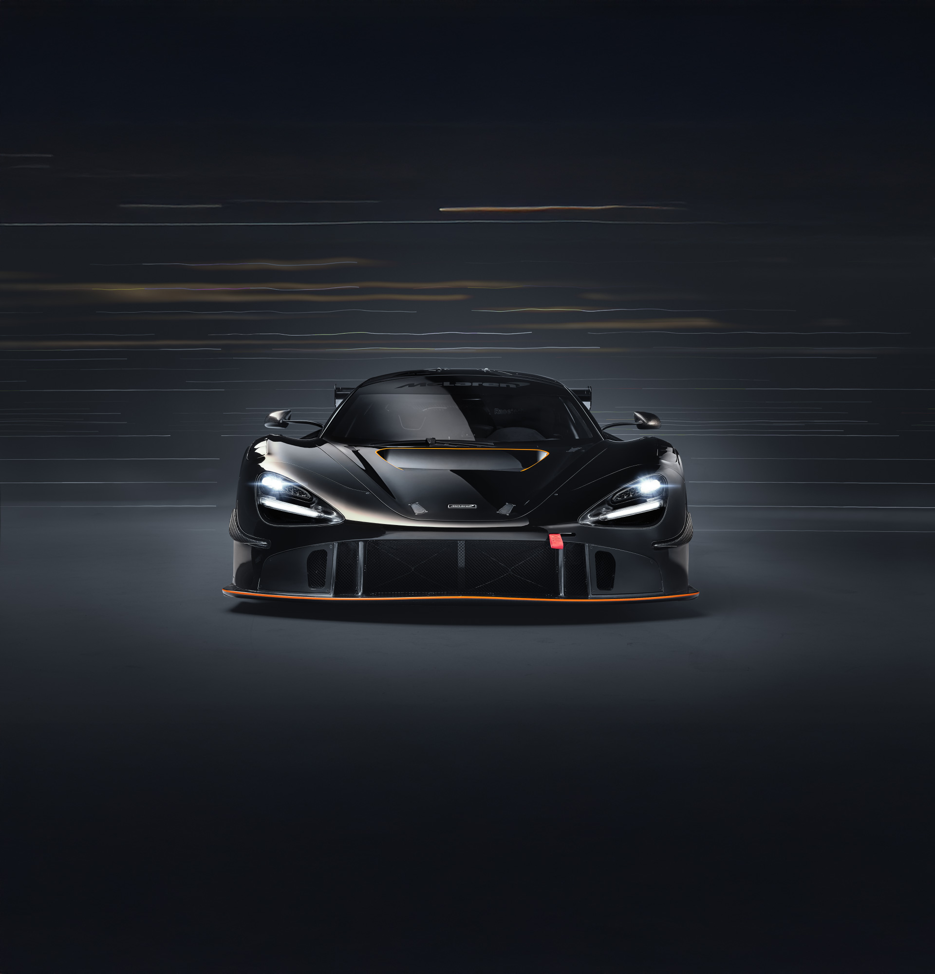 Front view of black McLaren 720S GT3X.