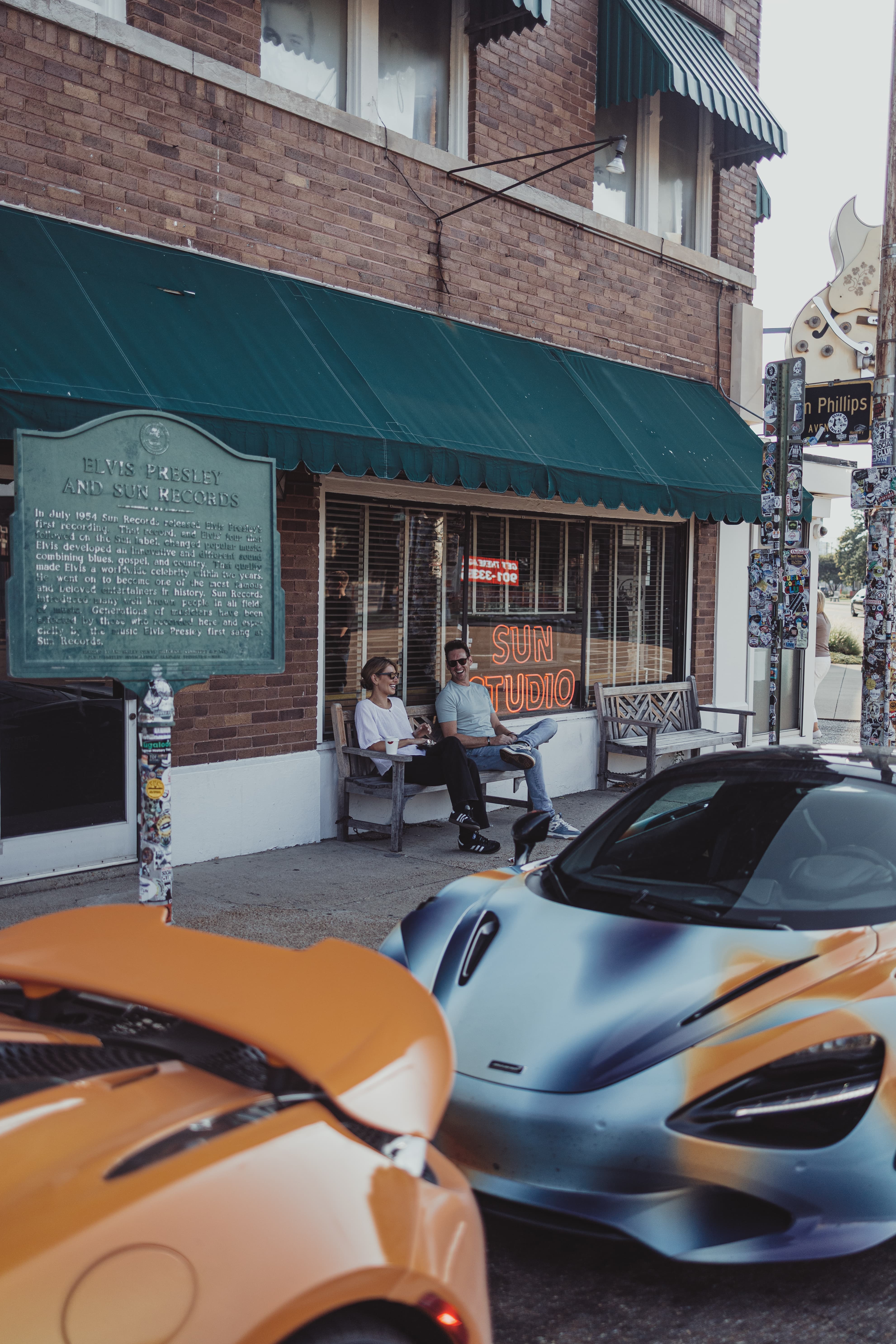 The States of Endurance McLaren cars parked outside of Sun Studios. A scene from Day 8 of the 'McLaren States of Endurance' road trip. 