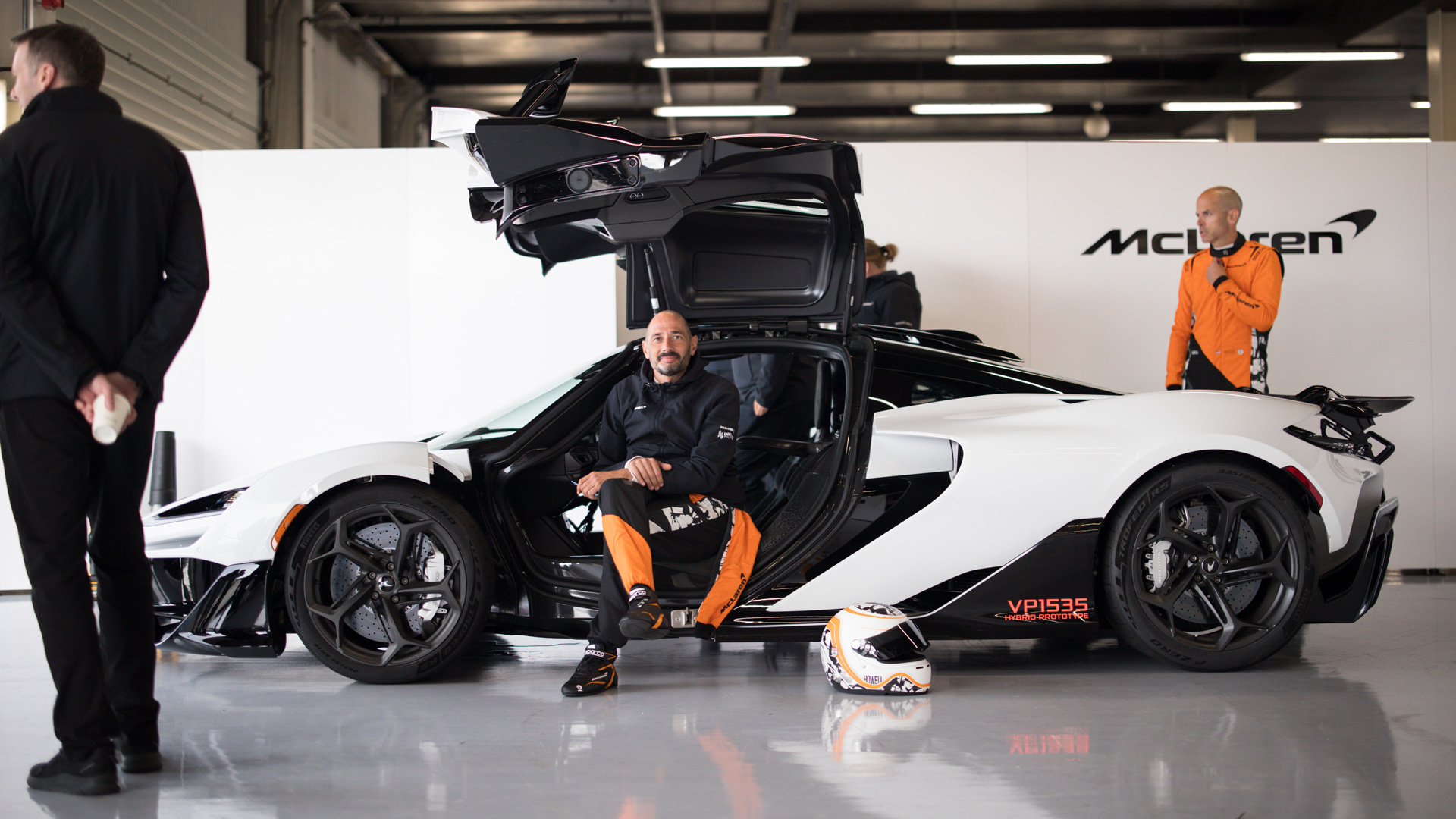 Lead Test Driver Dani Marcos within the doorframe of the McLaren W1 Prototype.