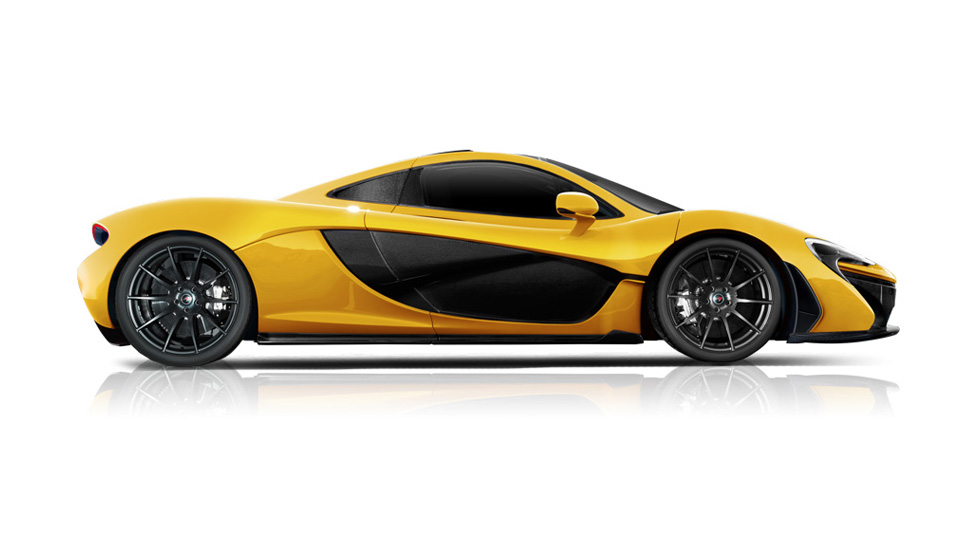 Side view of a yellow McLaren P1, shown on a white background.
