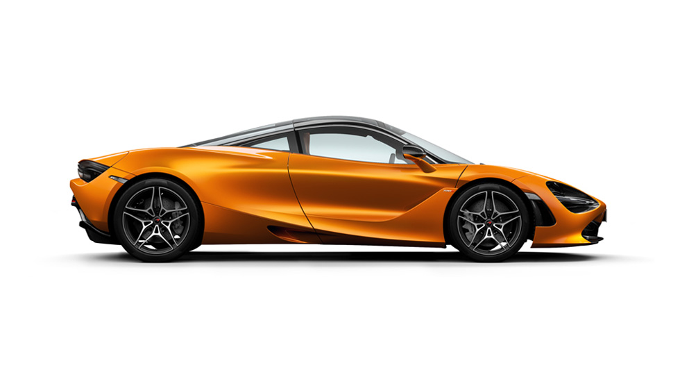Side view of a orange McLaren 720S, shown on a white background.