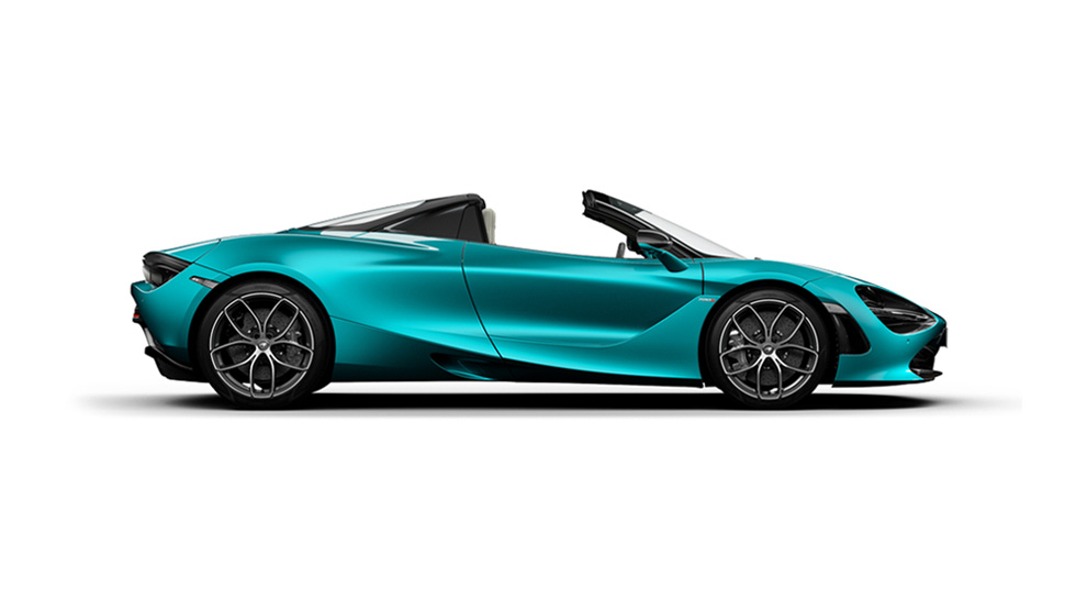 Side view of a bright turquoise McLaren 720S Spider, shown on a white background.
