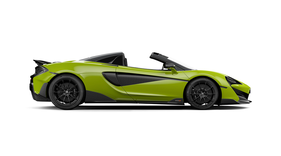 Side view of a lime green McLaren 600LT Spider, shown on a white background.