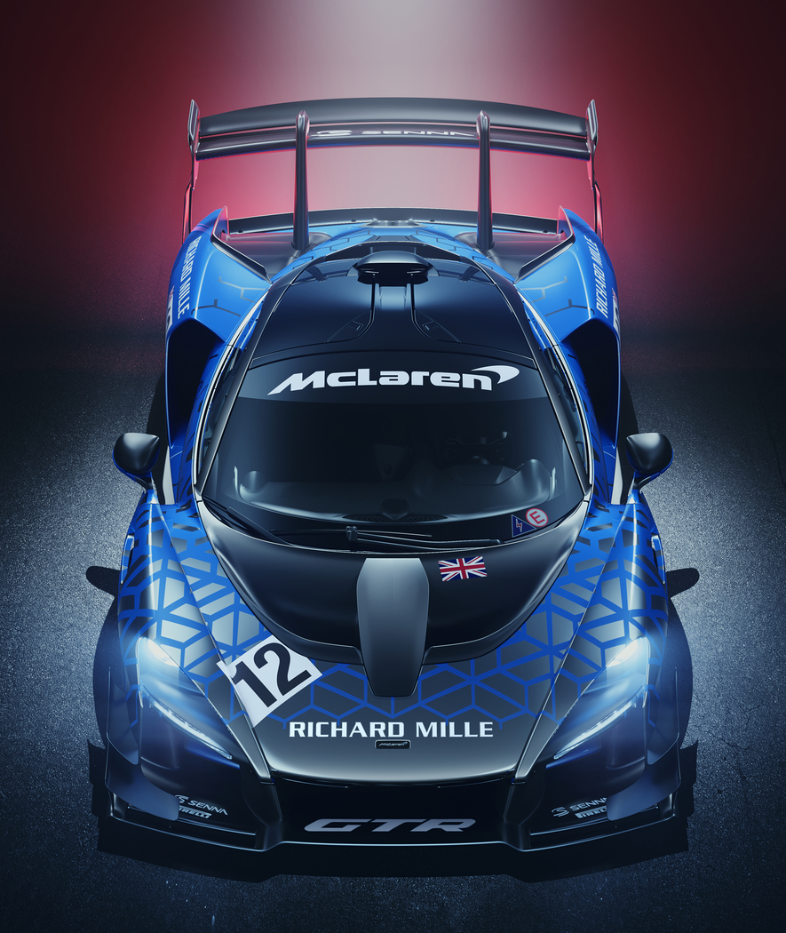 A high-angle shot of the McLaren Senna GTR with a bespoke blue and black racing livery.