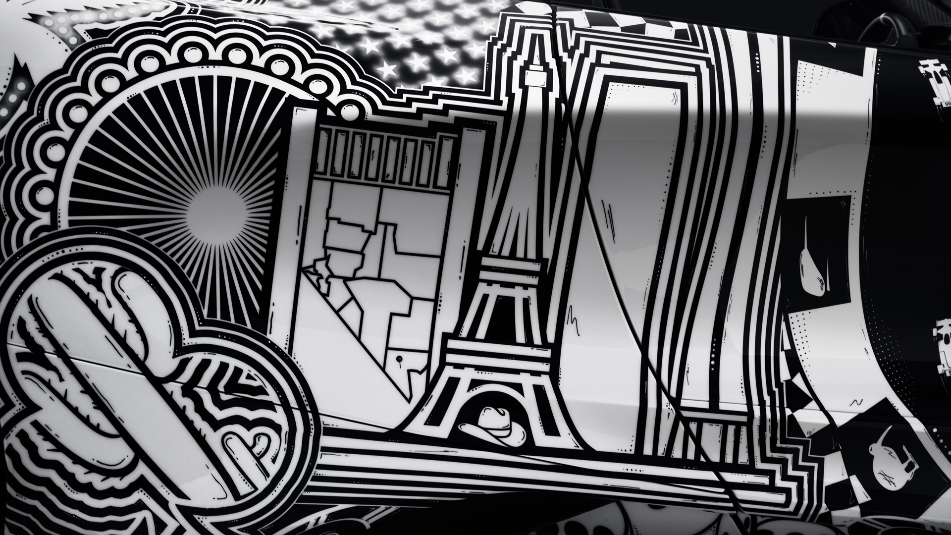 Detailed section of the MSO Project Viva hand-painted livery featuring stylized illustrations of Las Vegas landmarks, including the Paris Eiffel Tower replica and casino chips.