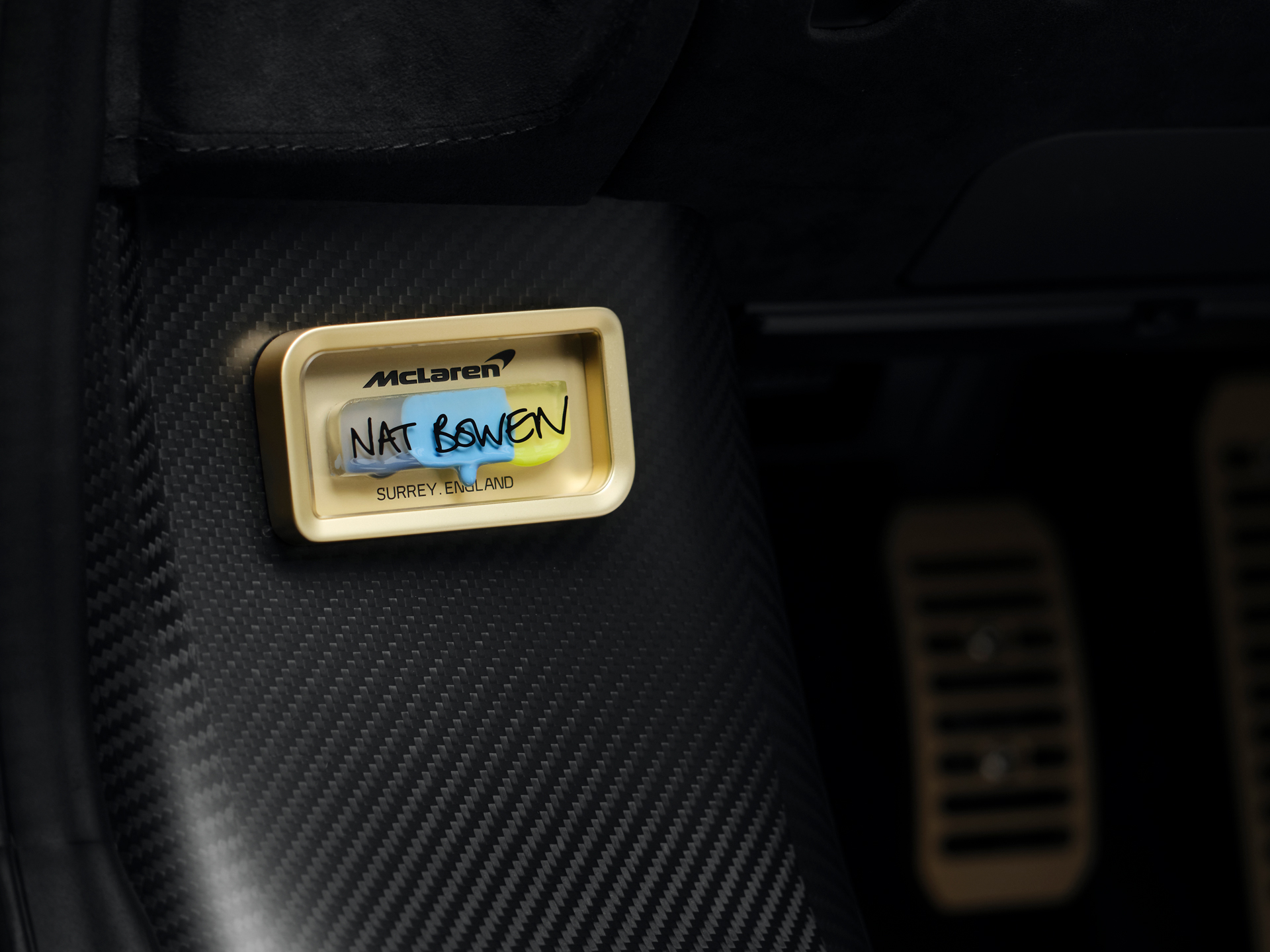 The 24-carat gold plated McLaren badge within the Project Chromology 750s by MSO and Nat Bowen.