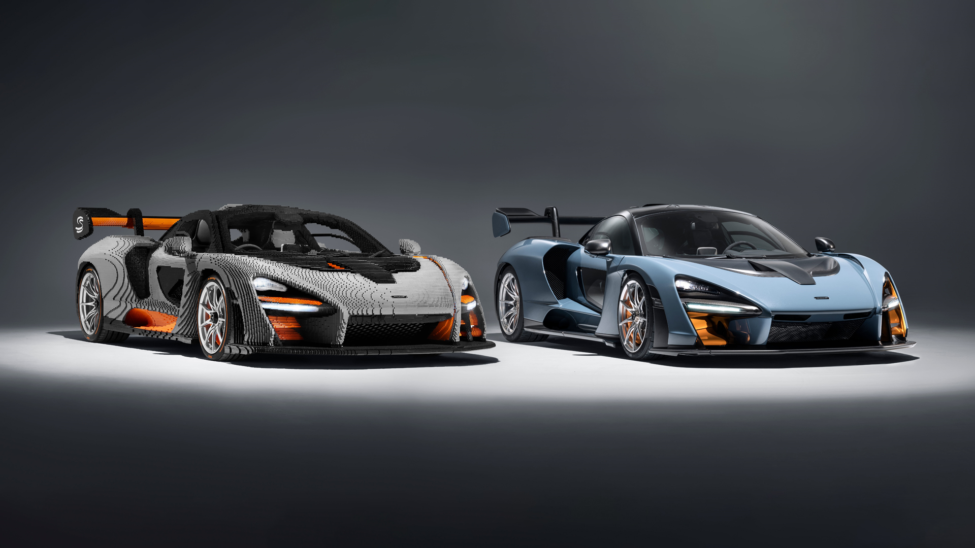 Full-Scale LEGO® McLaren Senna parked next to the real McLaren Senna.