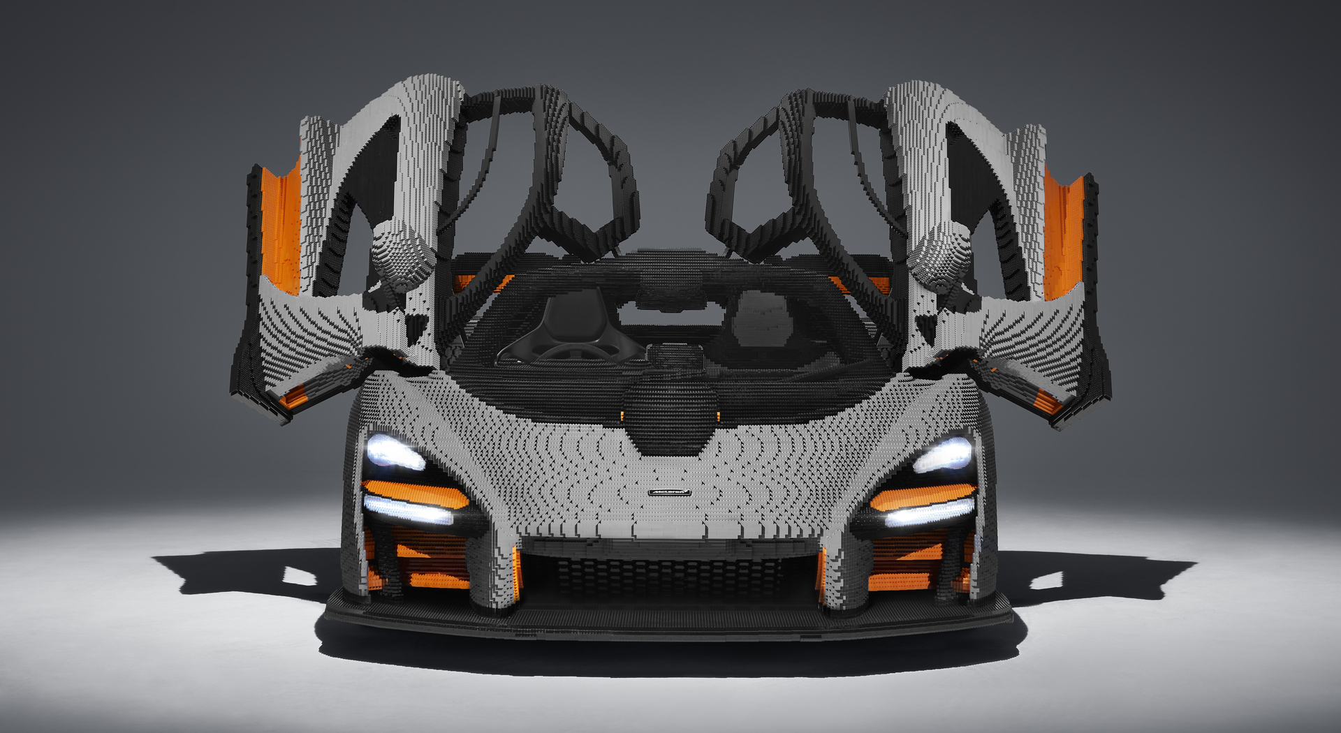 Front view of the Full-Scale LEGO® McLaren Senna with wing doors open. 