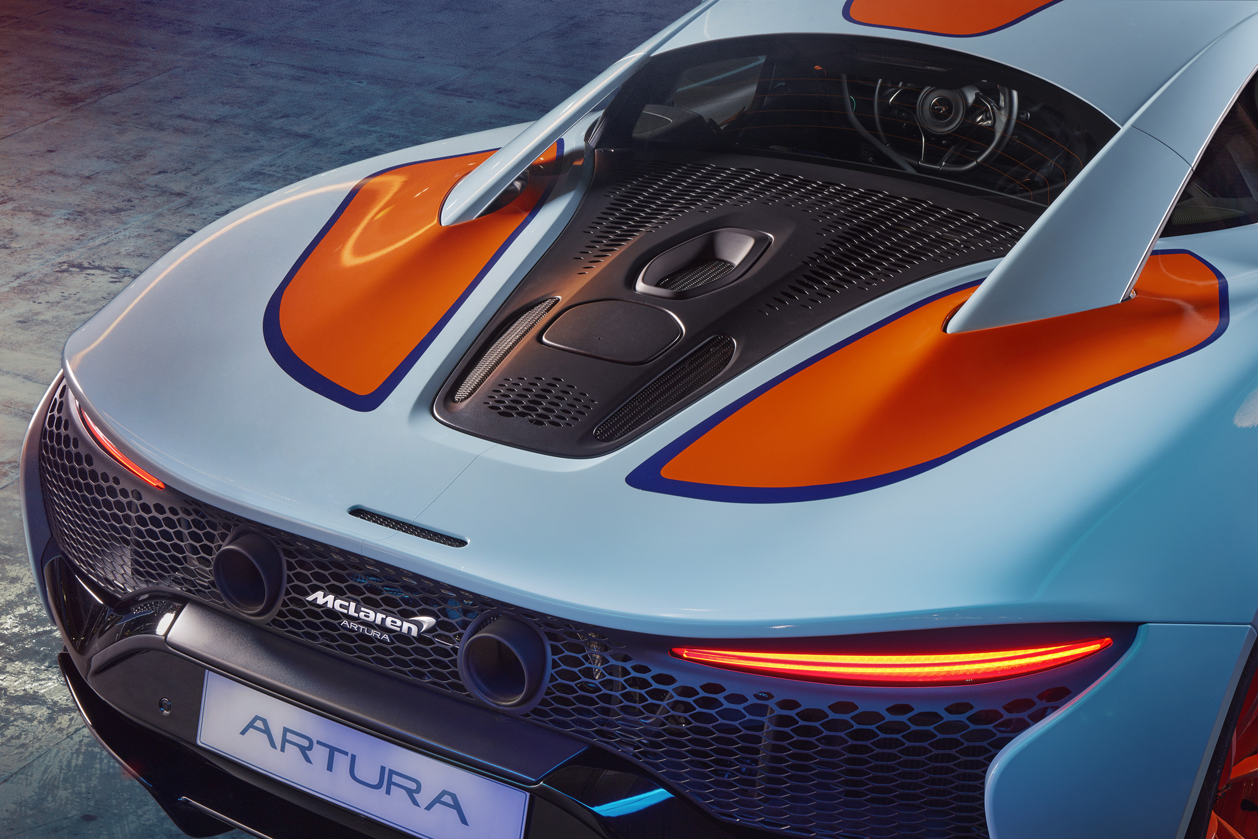 Close up rear detail of the Gulf branded McLaren.