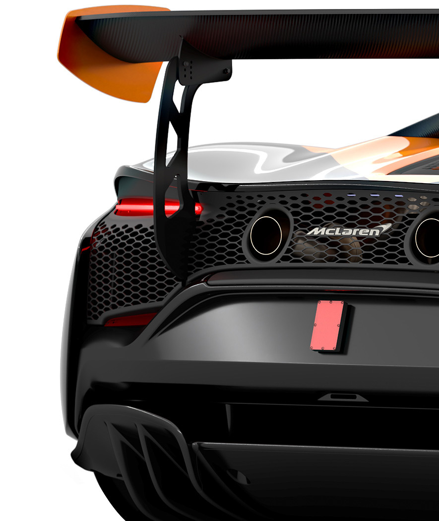 Rear view of copper McLaren Artura Trophy EVO, in a white studio environment.