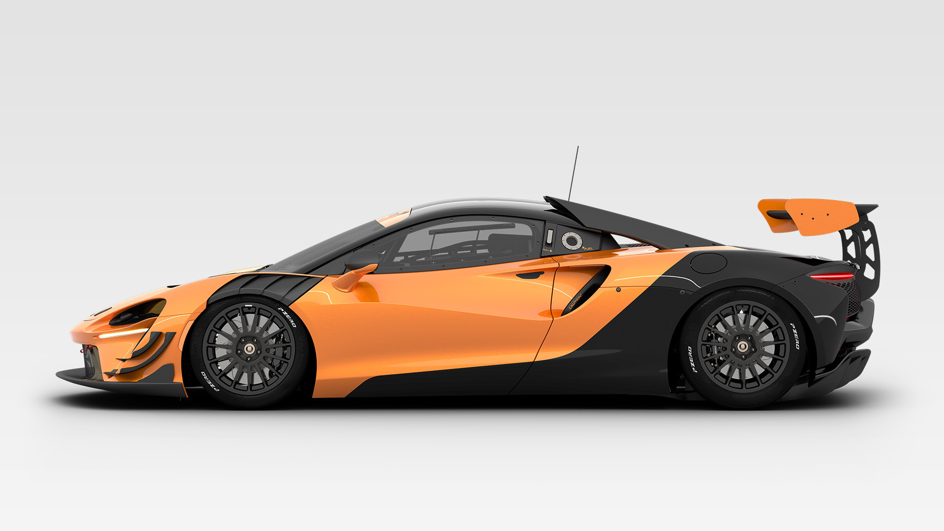 Side view of copper McLaren Artura Trophy EVO, in a white studio environment.