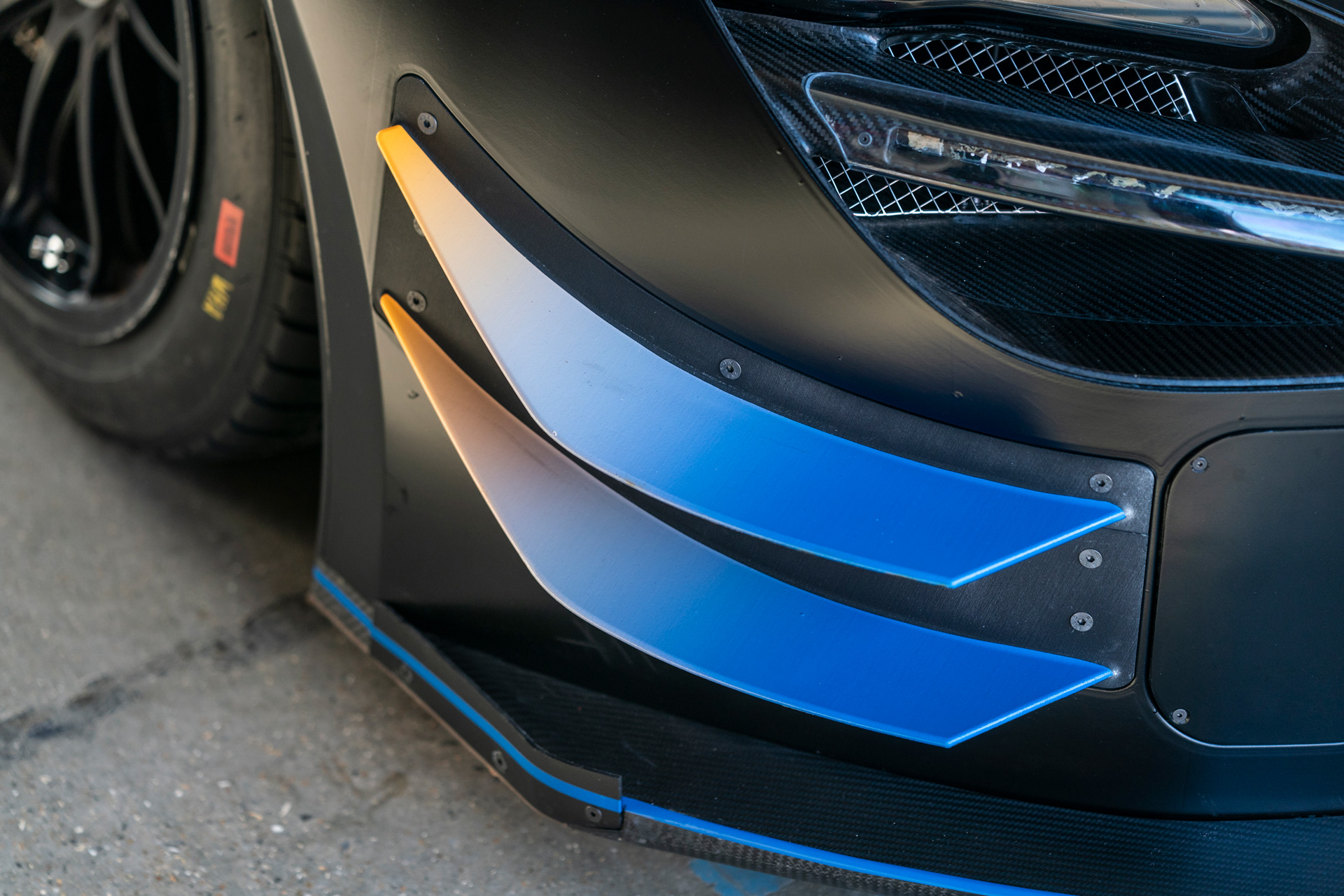 Close up of the McLaren 720S GT3 front dive planes. 