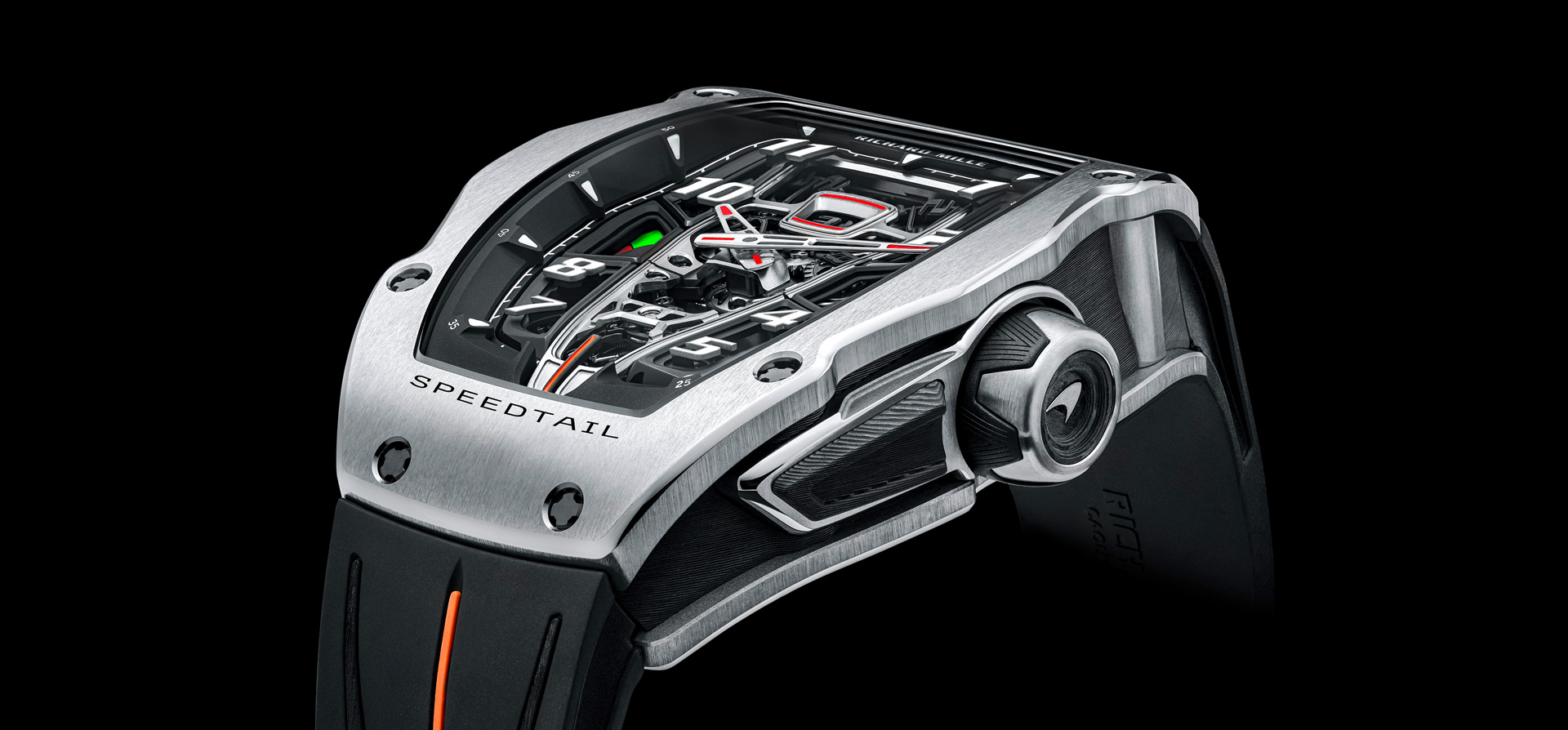 Close up detail of the Richard Mille RM 40-01 McLaren Speedtail watch.